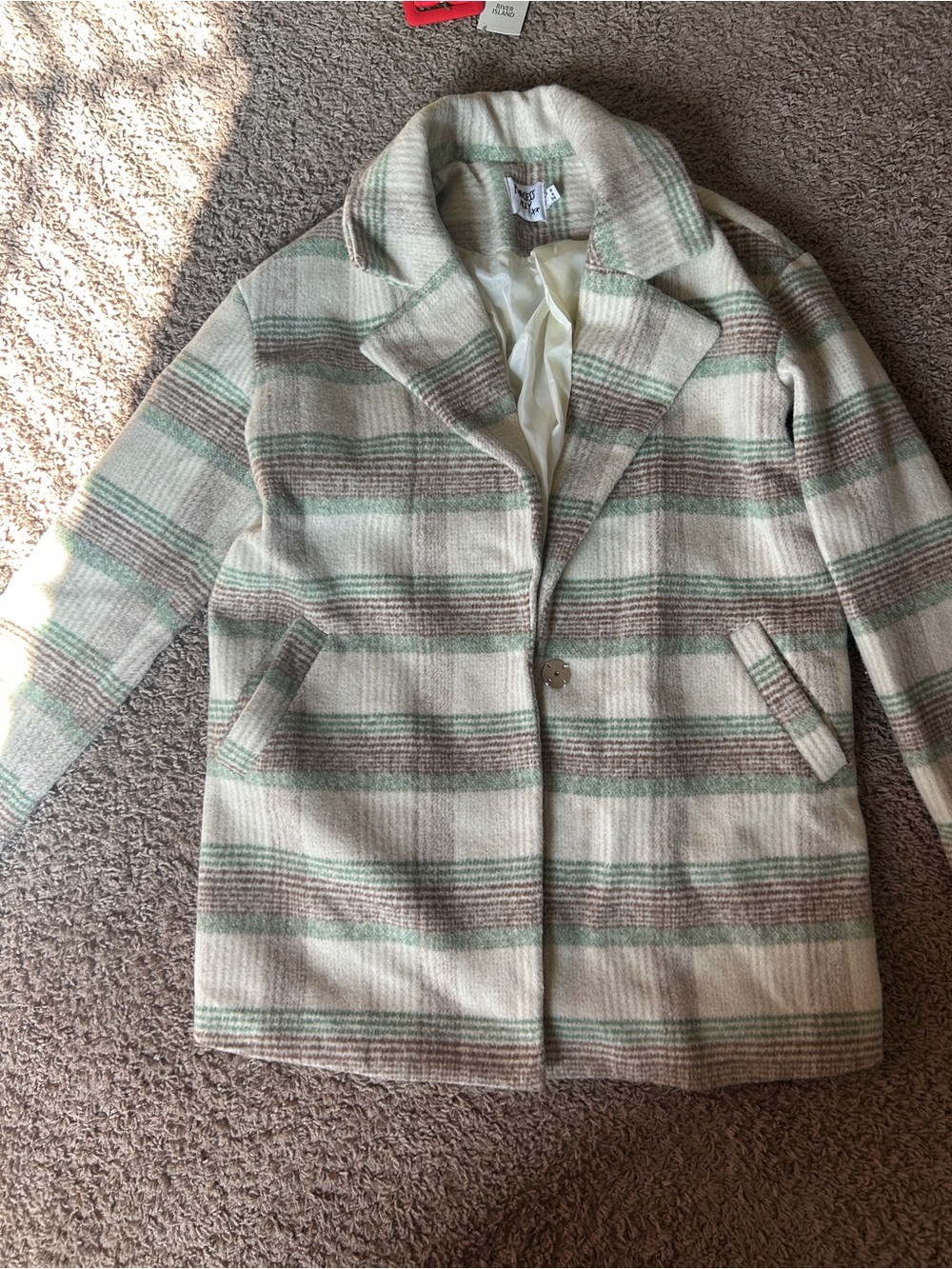 Princess Polly Annabelle Cream Plaid Single-Button Pea Coat with Sage Stripes